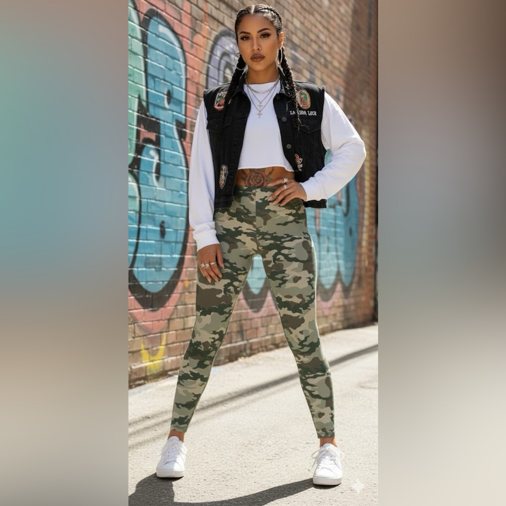 NWT Nobo Junior's Print Ankle Leggings Light Green Camouflage Camo womens